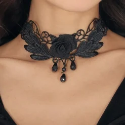 COLLIER RAS-DE-COU BRODÉ DÉCO ROSE NOIR FEMME