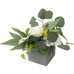 COMPO ARTIFICIELLE ROSE FEUILLAGE POT BOIS 10X20CM
