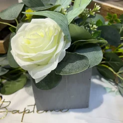COMPO ARTIFICIELLE ROSE FEUILLAGE POT BOIS 10X20CM