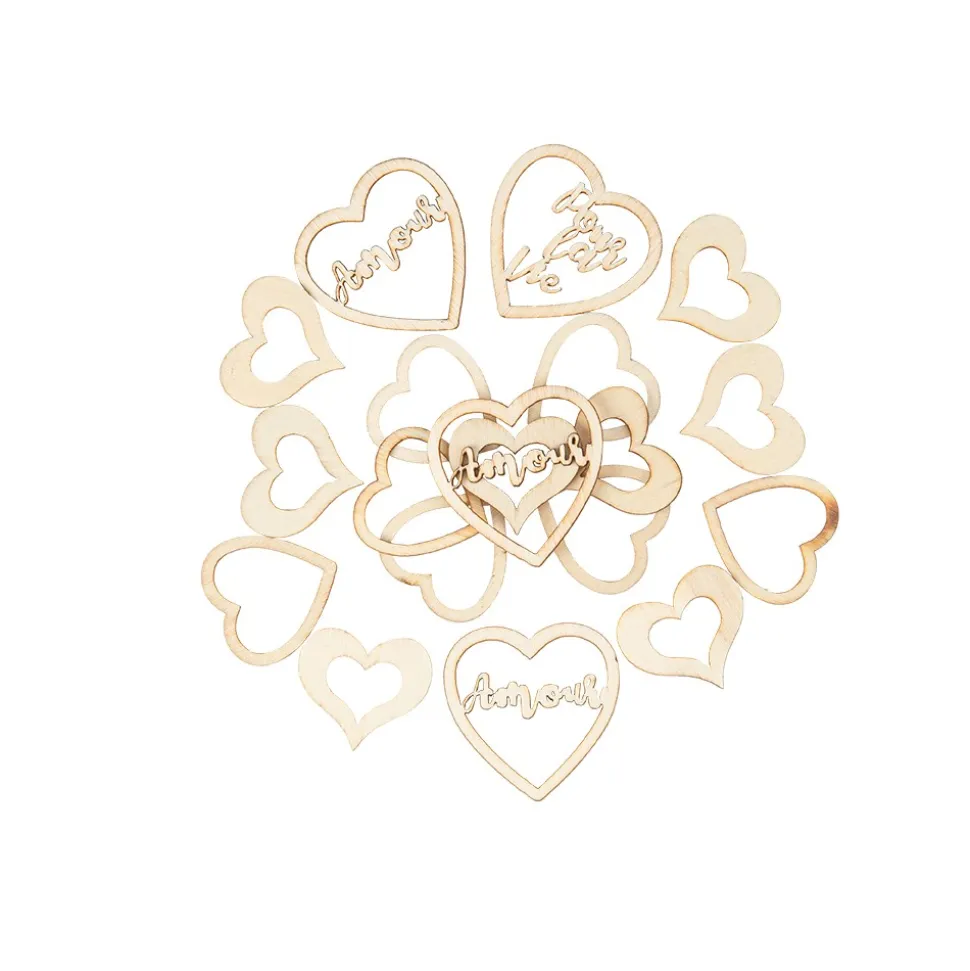 48 CONFETTIS BOIS COEUR AMOUR 2-4CM NATUREL