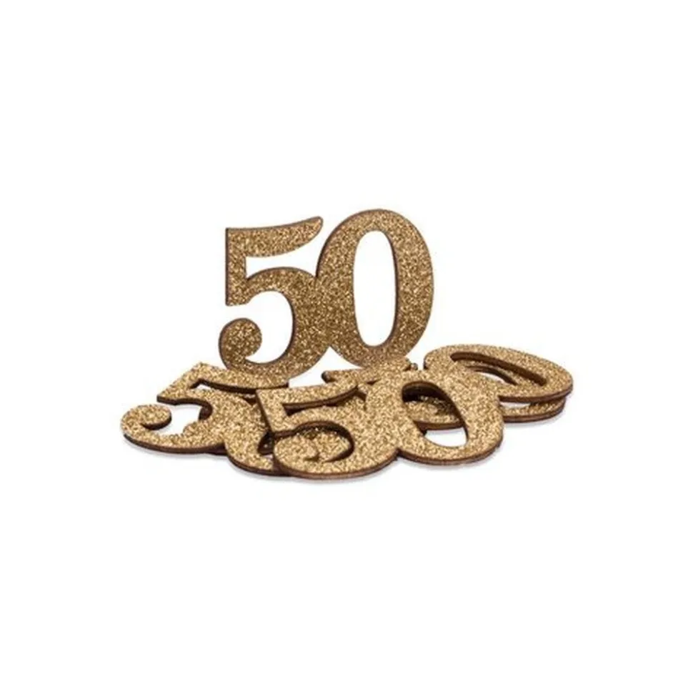 6 CONFETTIS BOIS NOMBRE 50 5X3.5CM PAILLETTES OR