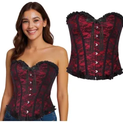 CORSET SATINÉ VOLANTS GOTHIQUE BORDEAUX FEMME
