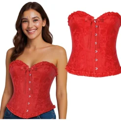 CORSET SATINÉ VOLANTS GOTHIQUE ROUGE FEMME