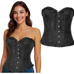 CORSET SATINÉ VOLANTS GOTHIQUE NOIR FEMME