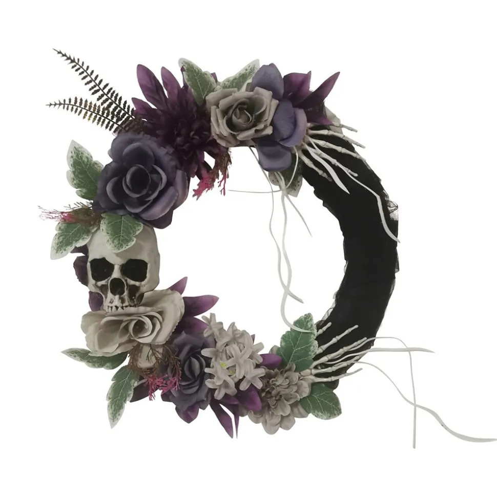 COURONNE DE PORTE FLEURS ET CRÂNES 40CM