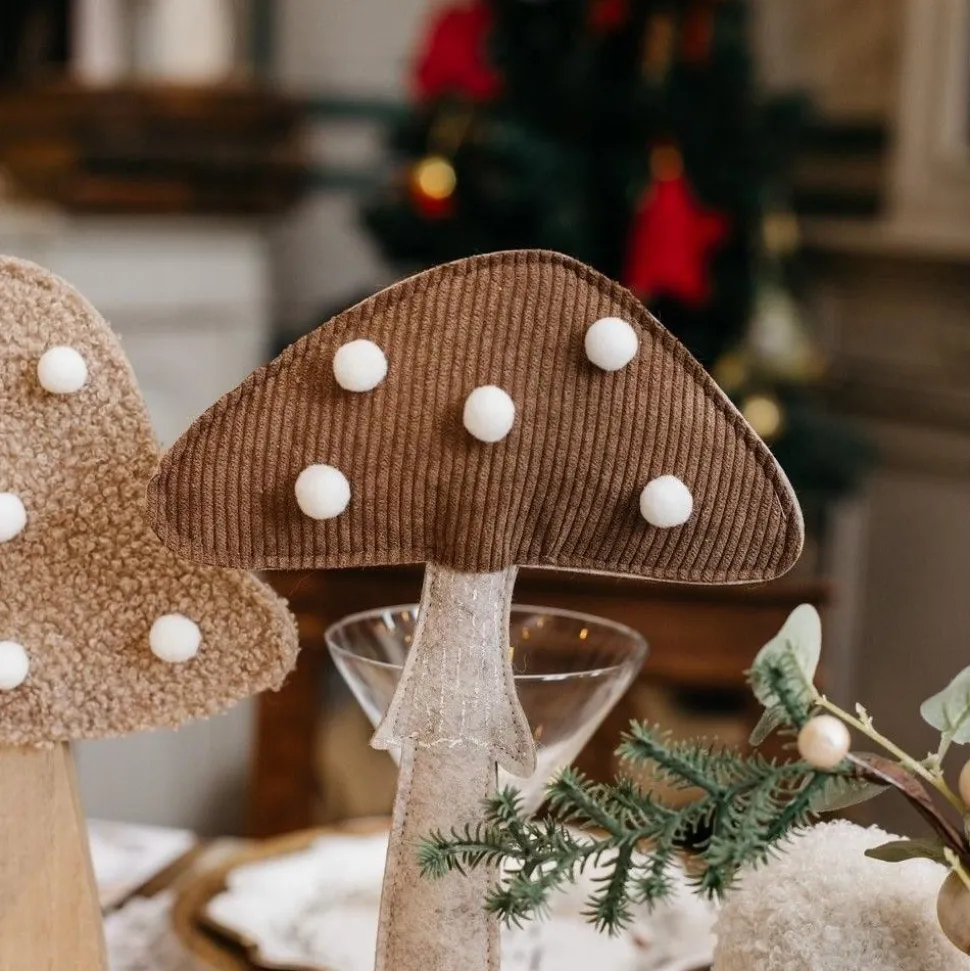 DÉCO CHAMPIGNON BOIS FEUTRE VELOURS 31X20CM MARRON