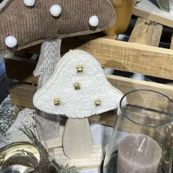 DÉCO CHAMPIGNON BOIS GRELOTS OR 22X13CM BLANC