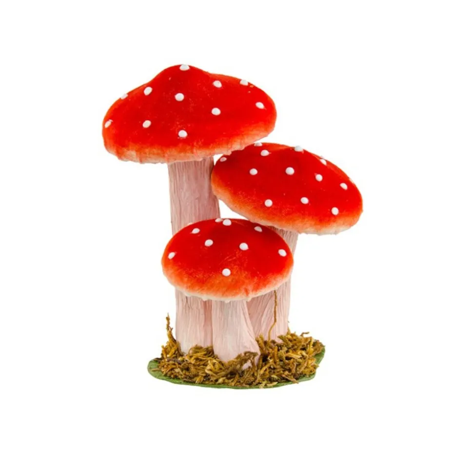 DÉCORATION 3 CHAMPIGNONS SOCLE 14X10.5X17CM ROUGE