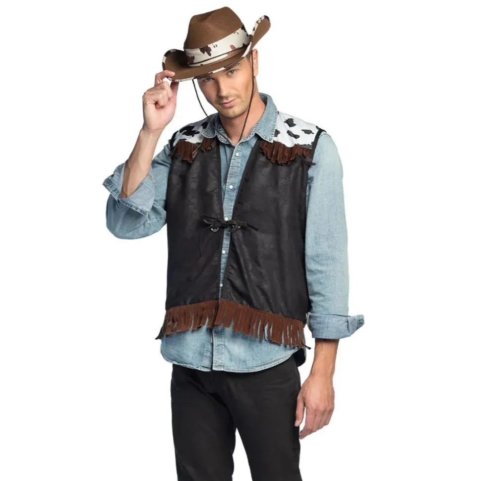 DÉGUISEMENT GILET WESTERN NOIR PEAU VACHE ADULTE