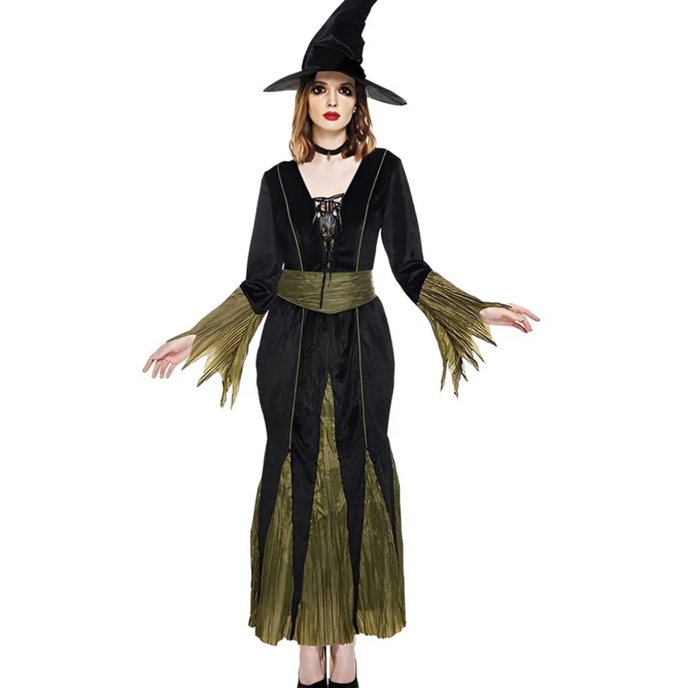 DÉGUISEMENT ROBE LONGUE SORCIÈRE NOIR VERT FEMME