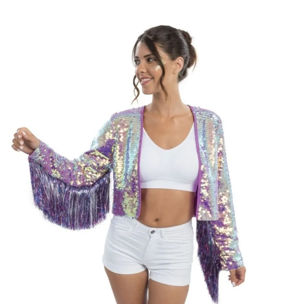 DÉGUISEMENT VESTE SEQUINS VIOLET IRISÉ SCÈNE FEMME