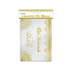 6 ENVELOPPES EID MUBARAK 11X16CM BLANC OR