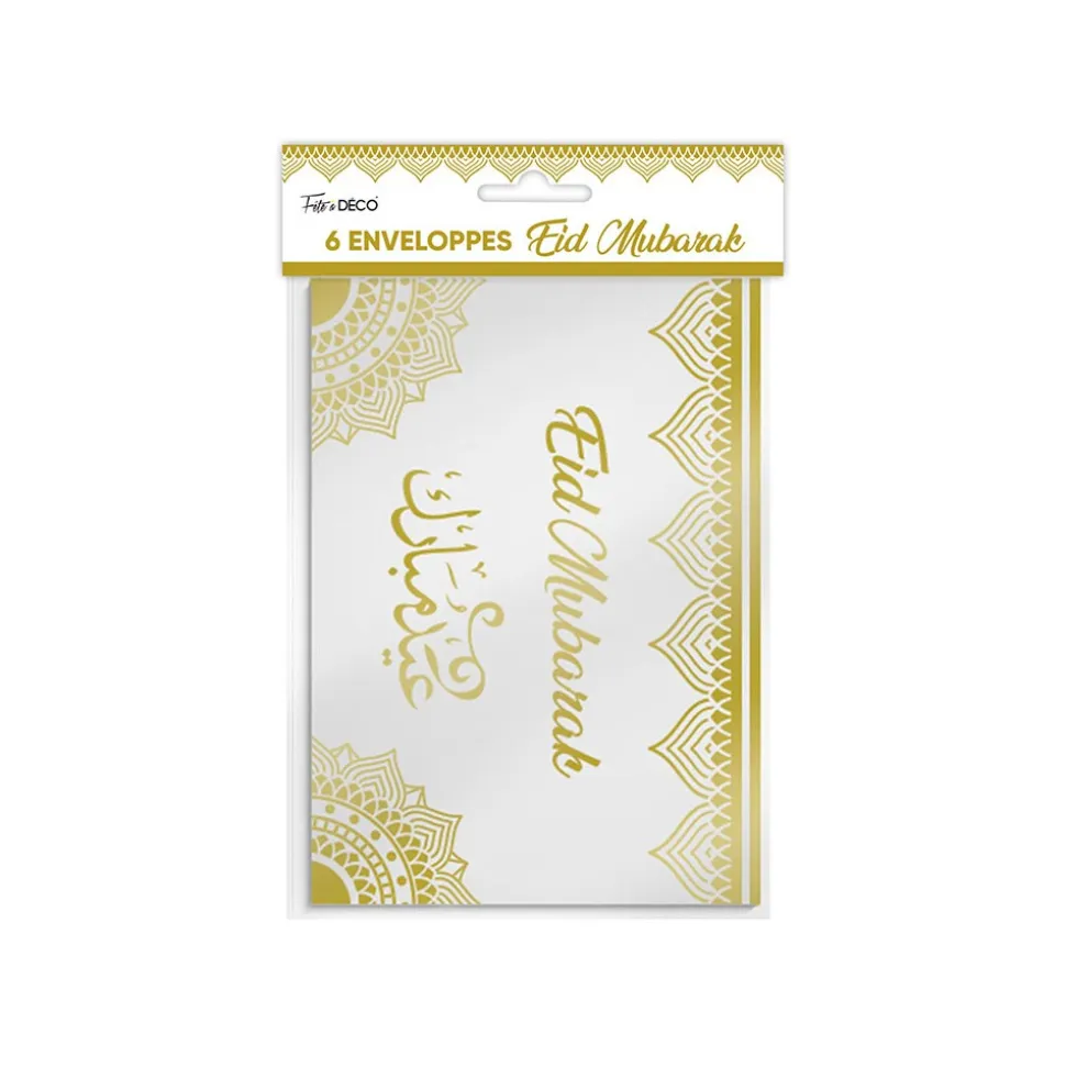 6 ENVELOPPES EID MUBARAK 11X16CM BLANC OR