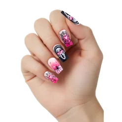 10 FAUX ONGLES ADHÉSIF CRÂNE ARAIGNÉE ROSE ADULTE