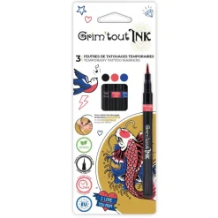 3 FEUTRES TATOUAGES POINTE FINE NOIR ROUGE BLEU