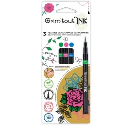 3 FEUTRES TATOUAGES POINTE FINE VERT ROSE BLEU