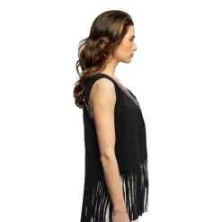 GILET BOHÈME SUÉDINE NOIR À FRANGES HIPPIE FEMME