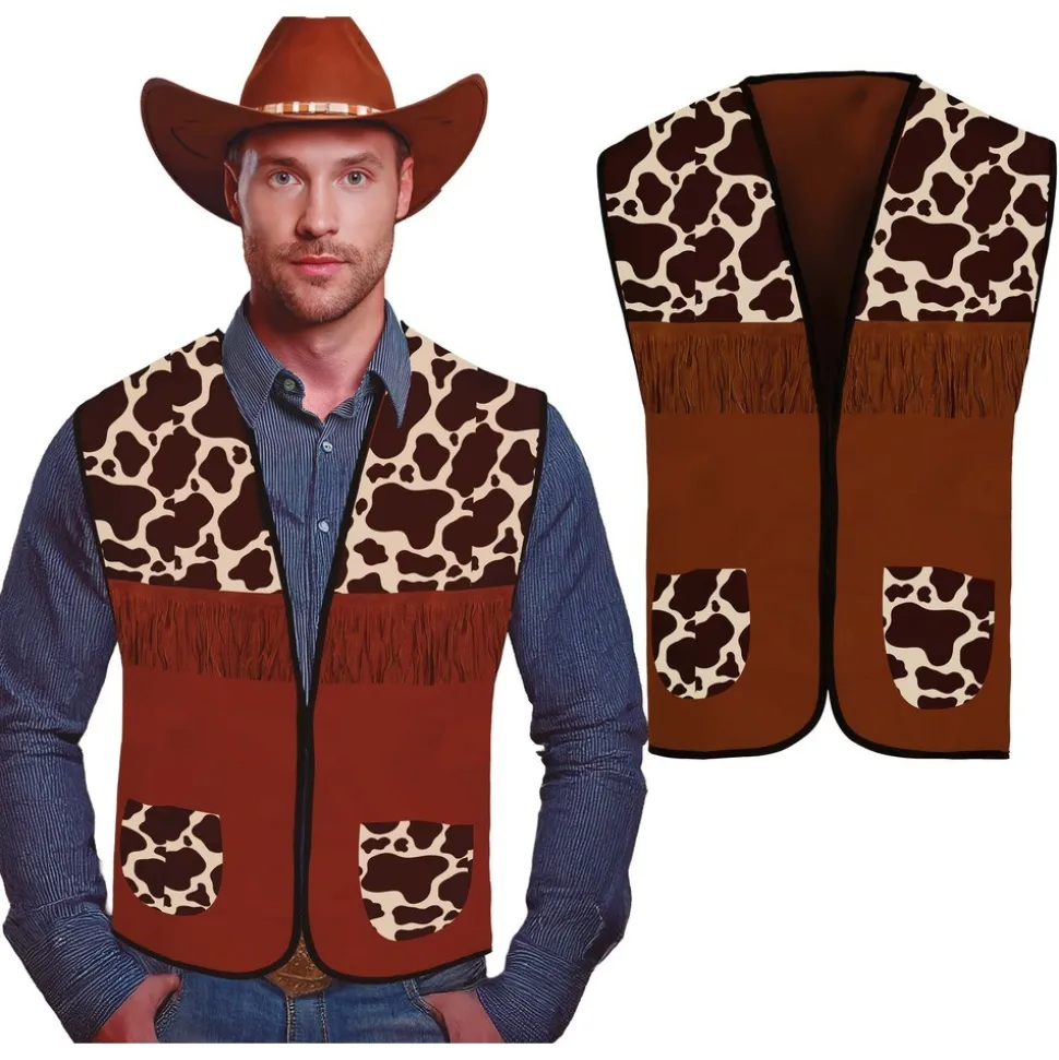 GILET WESTERN POLYESTER PEAU VACHE BRUN ADULTE