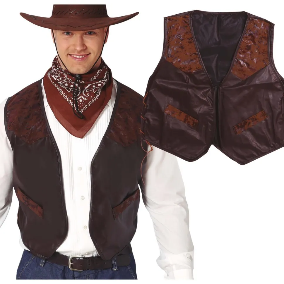 GILET WESTERN SIMILICUIR MARRON ADULTE