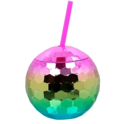 GOBELET BOULE DISCO AVEC PAILLE 650ML MULTICOLORE