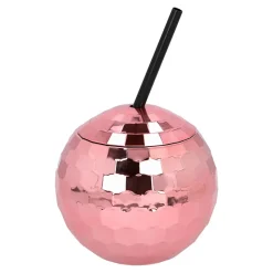 GOBELET BOULE DISCO AVEC PAILLE 650ML OR ROSE