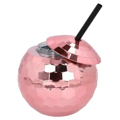 GOBELET BOULE DISCO AVEC PAILLE 650ML OR ROSE