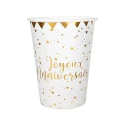 10 GOBELETS ANNIVERSAIRE BLANC ET OR