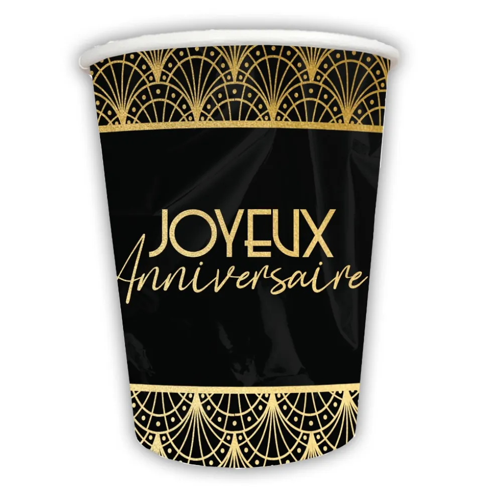 6 GOBELETS CARTON ANNIVERSAIRE GATSBY 25CL OR NOIR