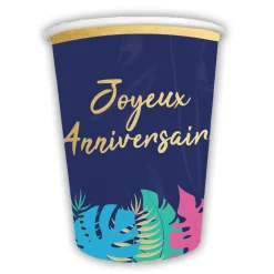 6 GOBELETS CARTON ANNIVERSAIRE TROPICAL 25CL BLEU