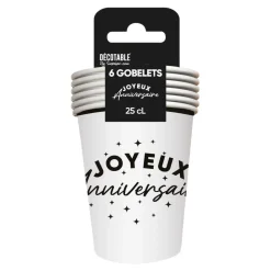 6 GOBELETS CARTON ANNIVERSAIRE 25CL BLANC