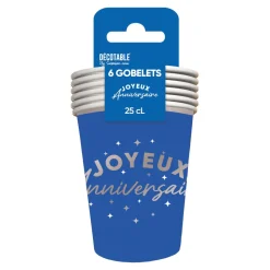 6 GOBELETS CARTON ANNIVERSAIRE 25CL BLEU