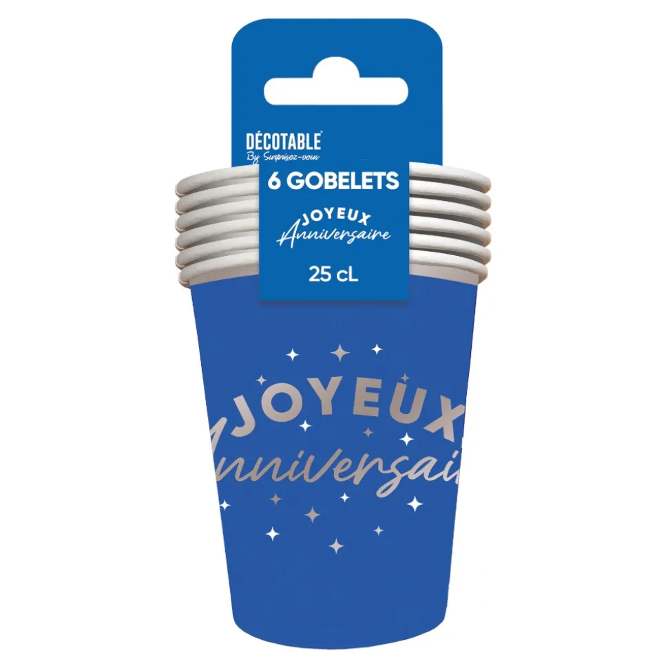 6 GOBELETS CARTON ANNIVERSAIRE 25CL BLEU
