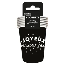 6 GOBELETS CARTON ANNIVERSAIRE 25CL NOIR