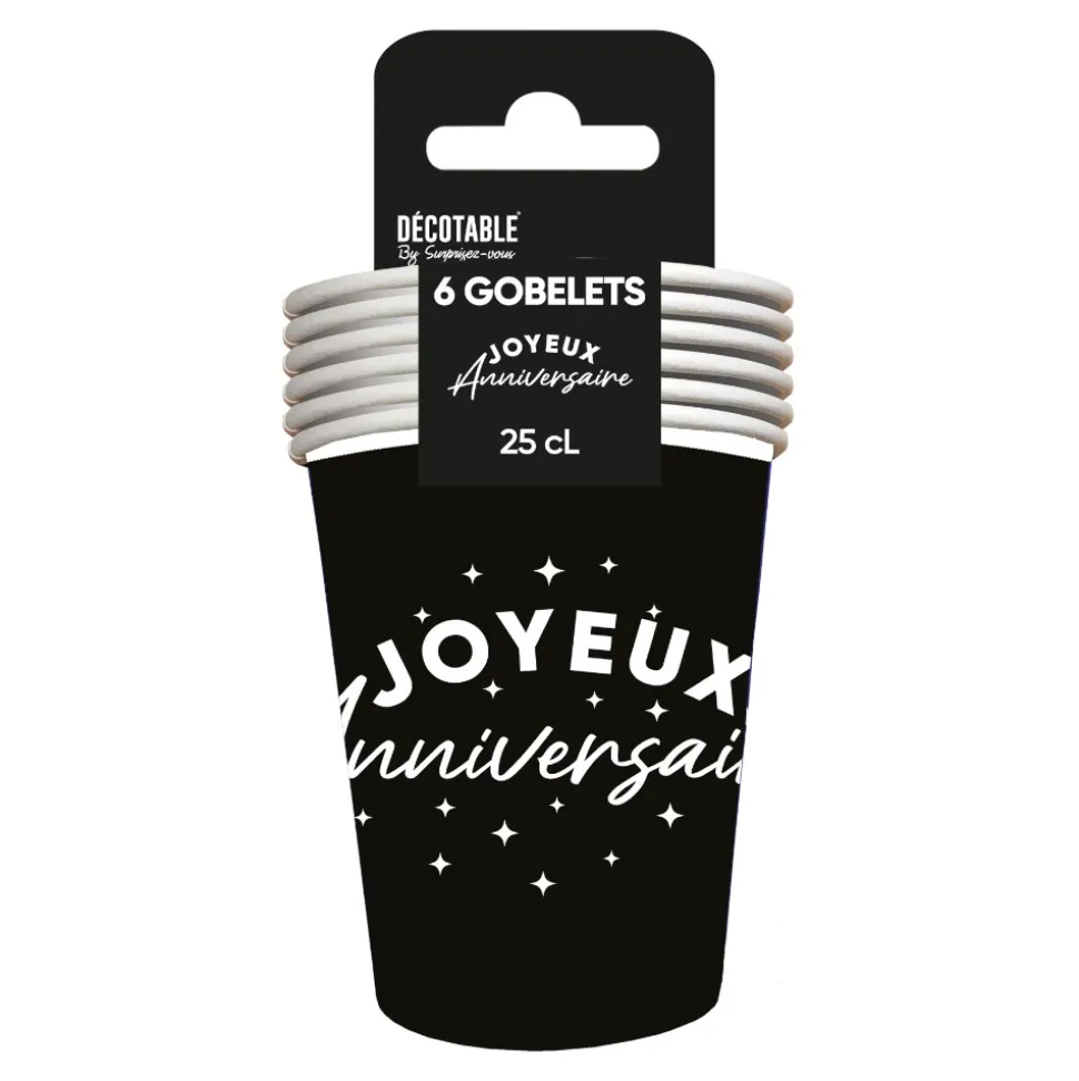 6 GOBELETS CARTON ANNIVERSAIRE 25CL NOIR