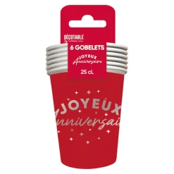 6 GOBELETS CARTON ANNIVERSAIRE 25CL ROUGE