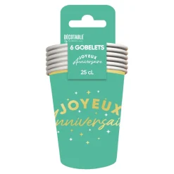 6 GOBELETS CARTON ANNIVERSAIRE 25CL VERT