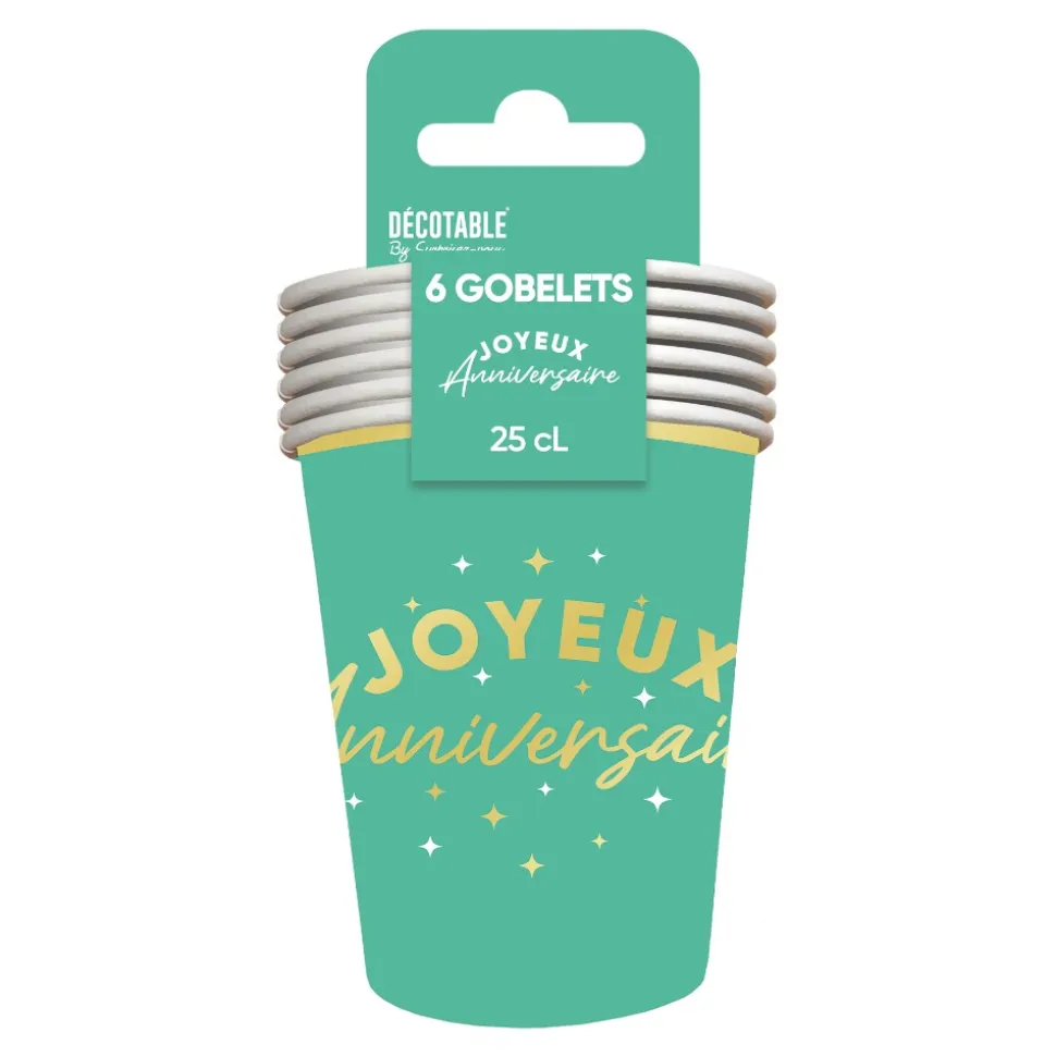 6 GOBELETS CARTON ANNIVERSAIRE 25CL VERT