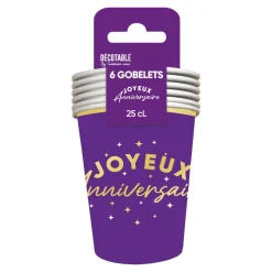 6 GOBELETS CARTON ANNIVERSAIRE 25CL VIOLET