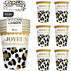 6 GOBELETS CARTON ANNIVERSAIRE LÉOPARD PEAU 25CL
