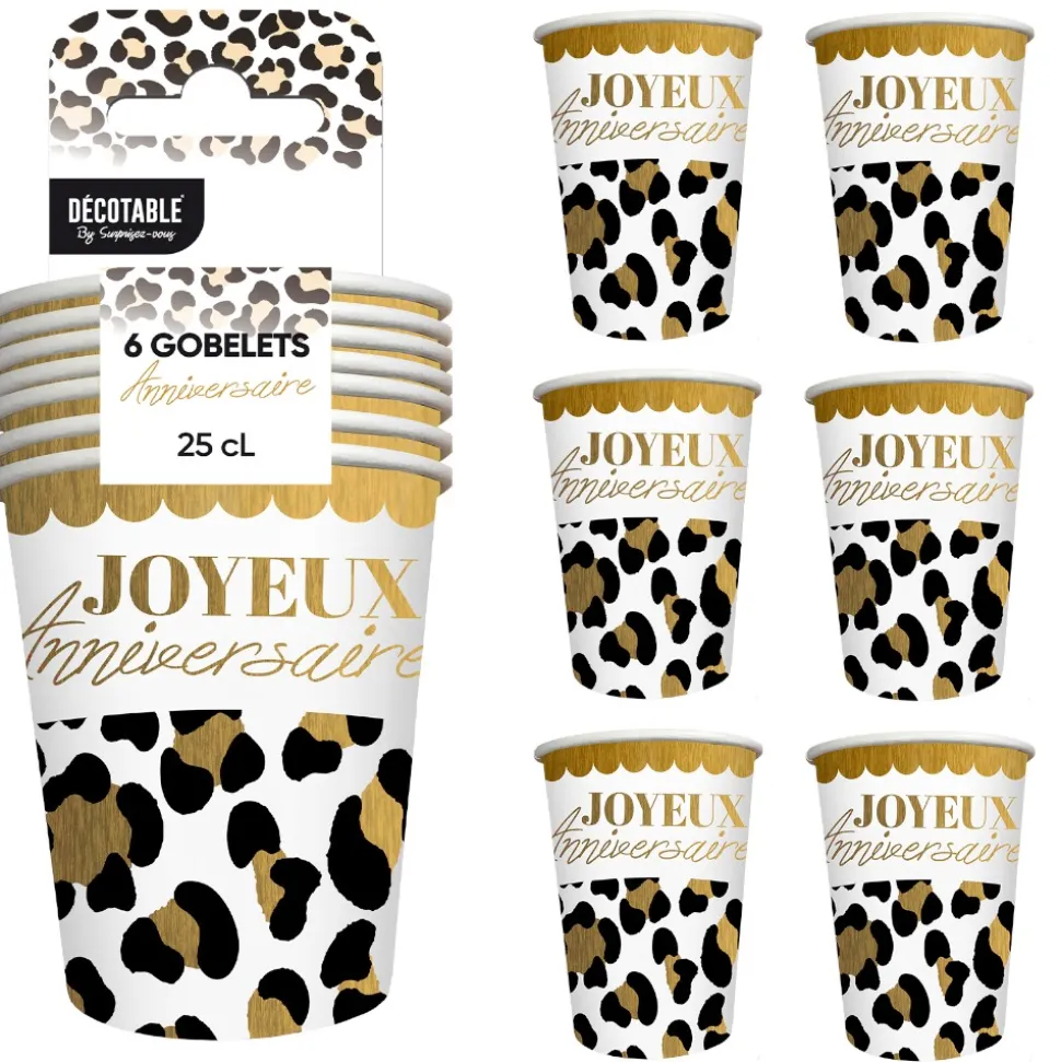 6 GOBELETS CARTON ANNIVERSAIRE LÉOPARD PEAU 25CL