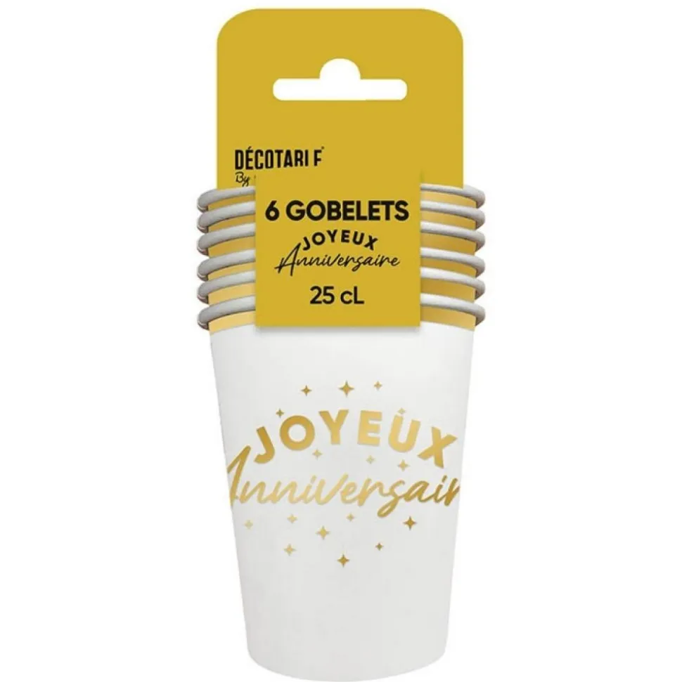 6 GOBELETS CARTON ANNIVERSAIRE 25CL OR