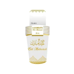 6 GOBELETS CARTON EID MUBARAK 25CL BLANC OR