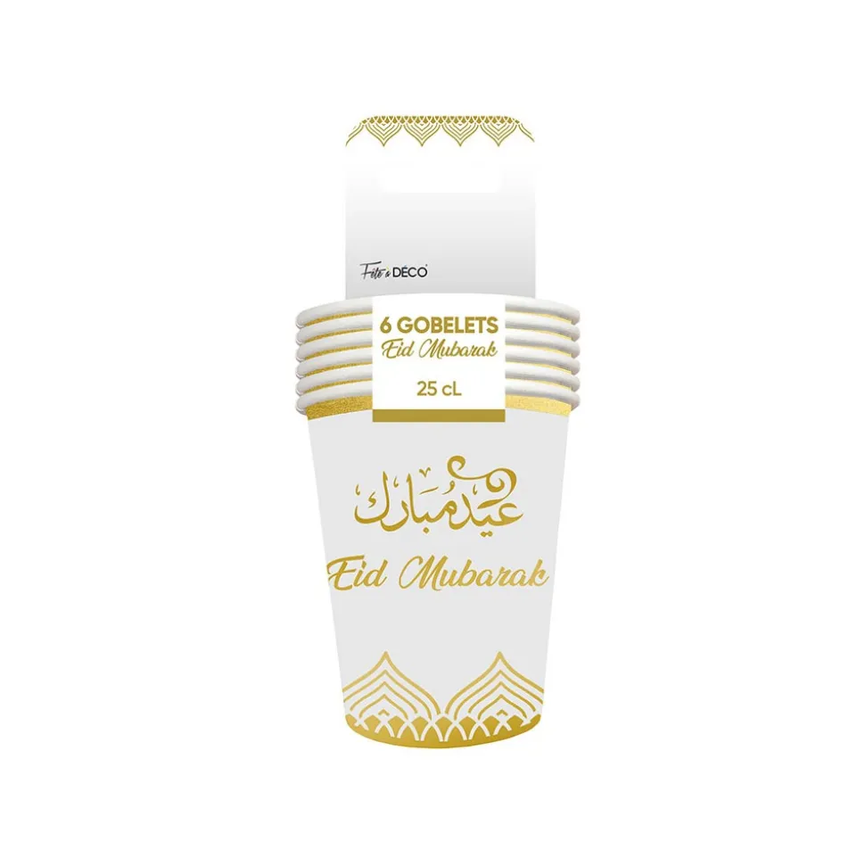 6 GOBELETS CARTON EID MUBARAK 25CL BLANC OR