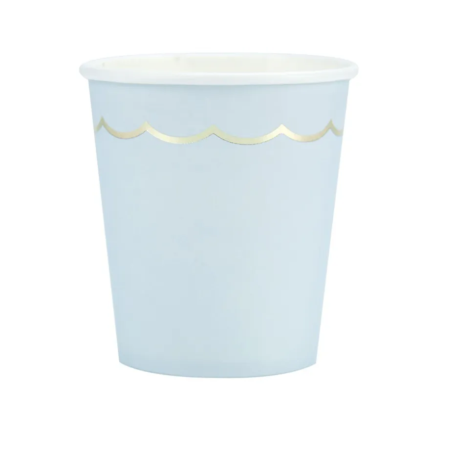 8 GOBELETS CARTON LISERÉ OR 20CL BLEU PASTEL