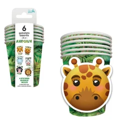 6 GOBELETS CARTON STICKERS ANIMAUX 25CL VERT