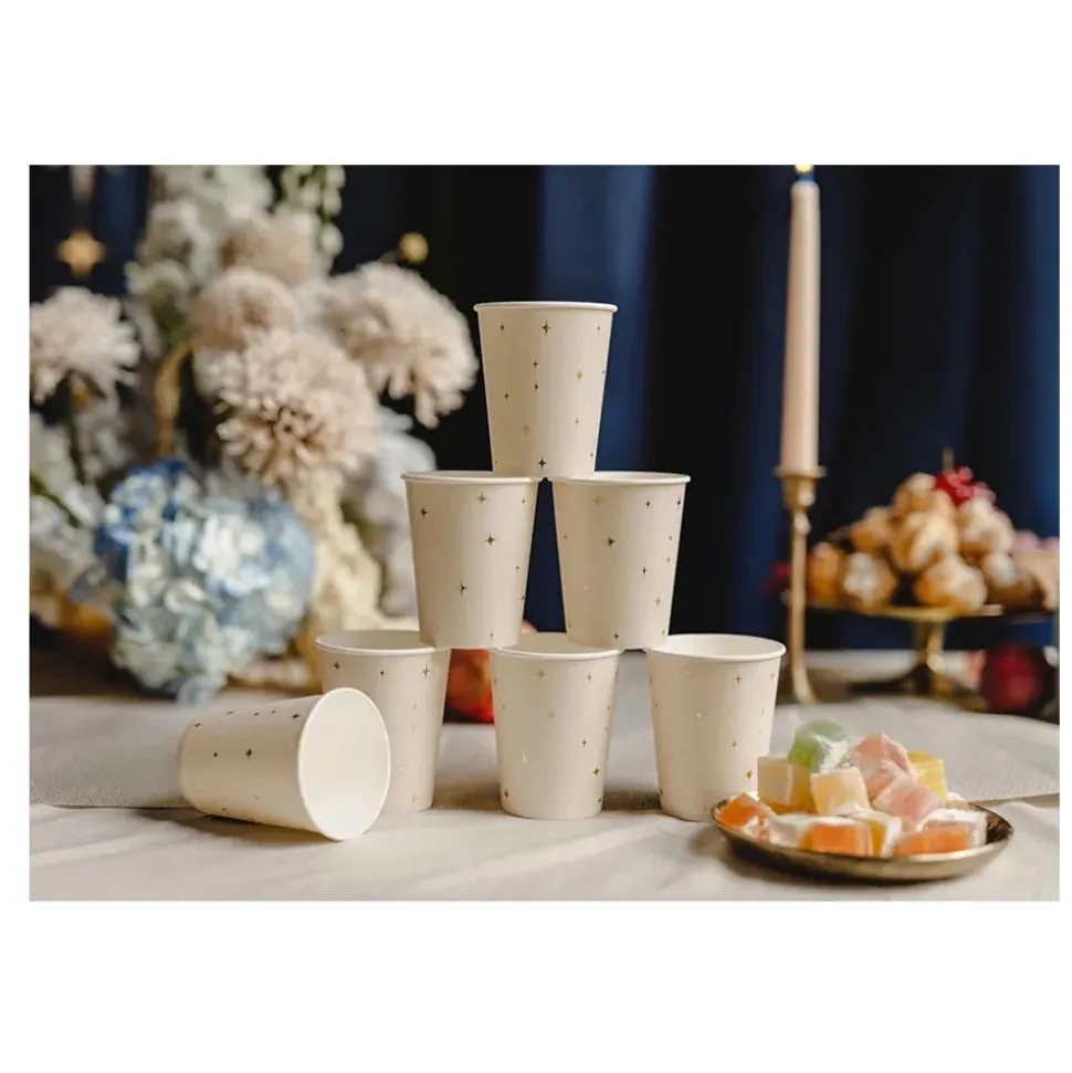6 GOBELETS CARTON ÉTOILES OR 22CL BEIGE