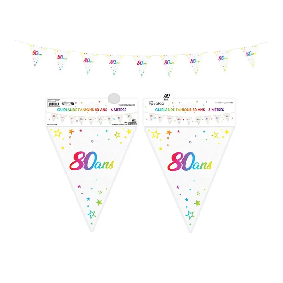 GUIRLANDE FANION 80 ANS MÉTALLIQUE MULTICOLORE