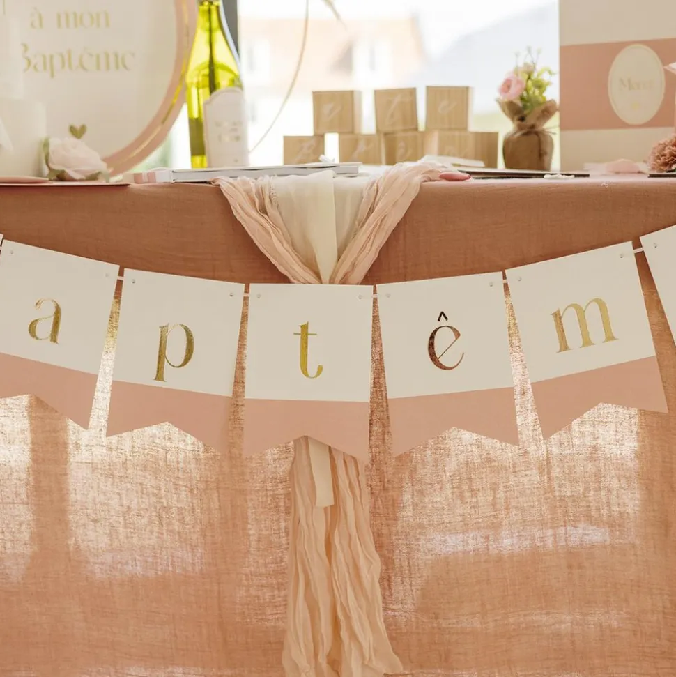 GUIRLANDE 7 FANIONS CARTON BAPTÊME NUDS 2.6M ROSE