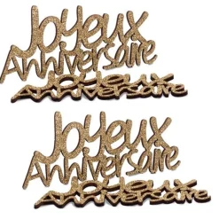 4 JOYEUX ANNIVERSAIRE BOIS 11.5X5CM PAILLETTES OR