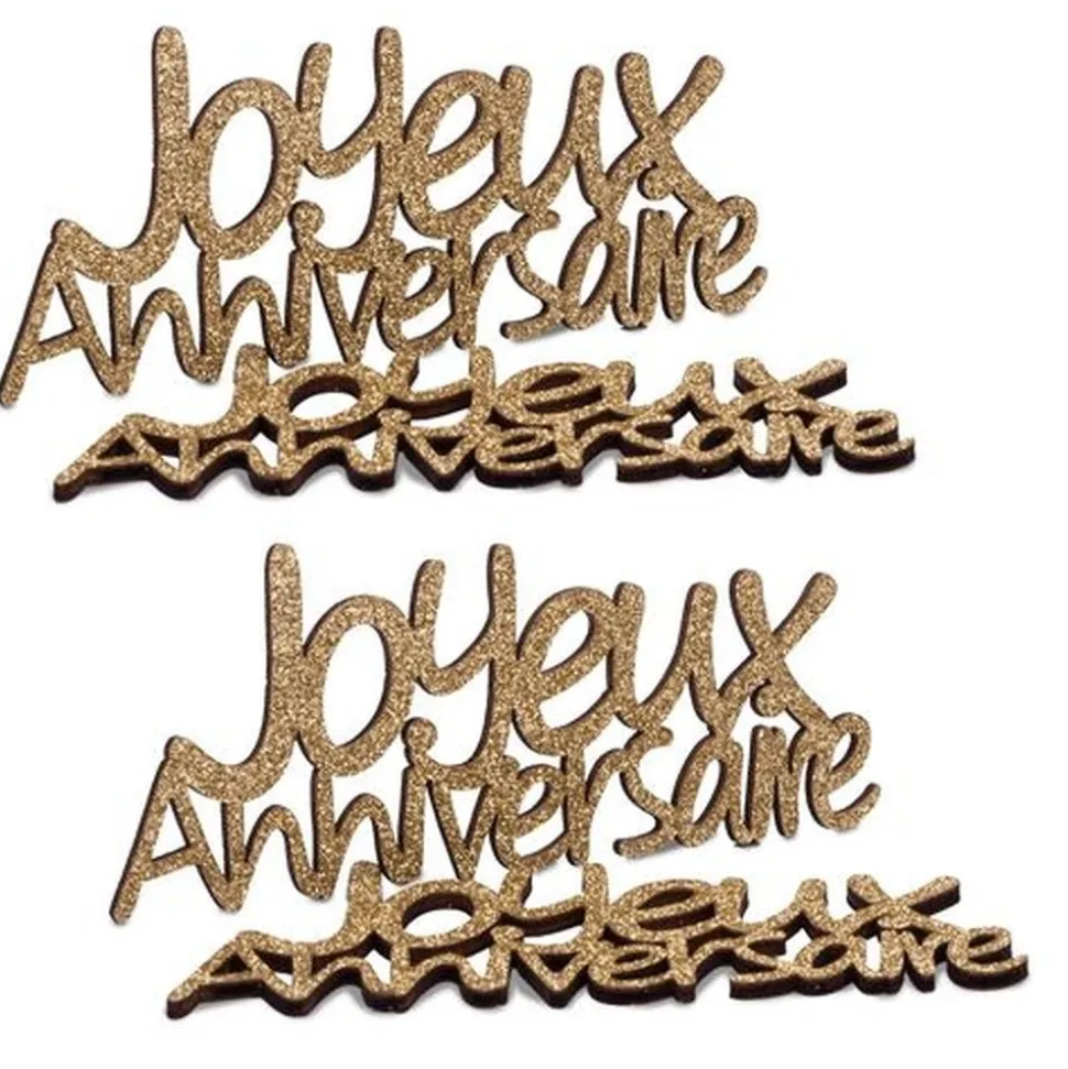 4 JOYEUX ANNIVERSAIRE BOIS 11.5X5CM PAILLETTES OR